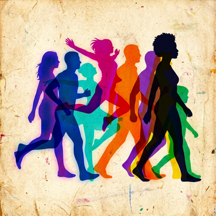 Multicolored overlapping human silhouettes in different walking and running poses on a textured background